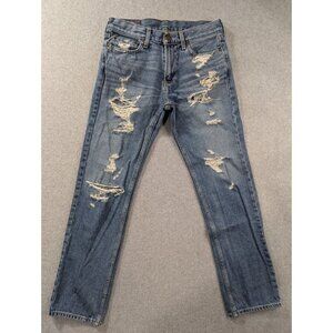 Hollister Jeans Mens Size 30x30 Blue Slim Straight Destressed Faded Whiskers 90s